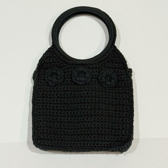 WOMEN CROCHET BLACK VINTAGE CLUTCH PURSE HANDBAG BAG WITH FLOWERS BOHO STYLE - Picture 4 of 15